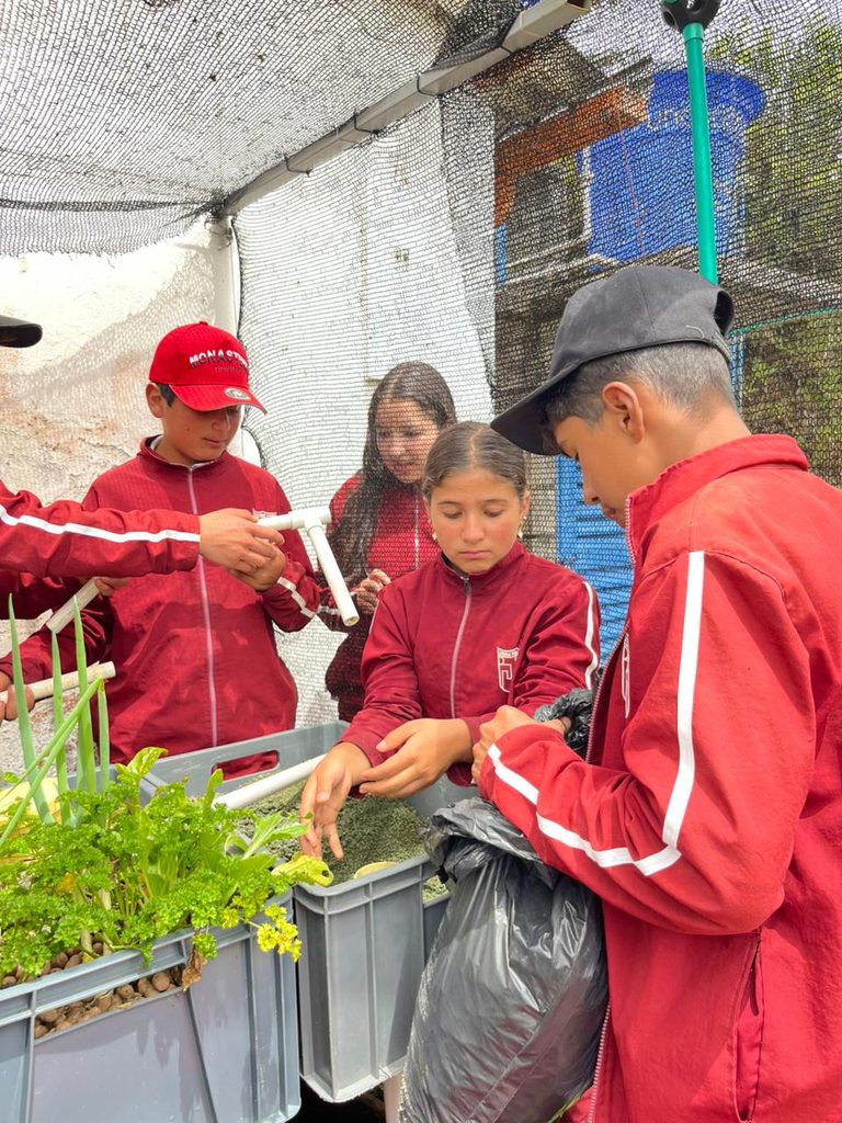 Estudiantes midiendo parámetros de agua y monitoreando cultivos en un sistema de acuaponía escolar comunitario en Antioquia.